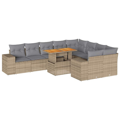 10 Piece Garden Sofa Set with Cushions Beige Poly Rattan Acacia Payday Deals