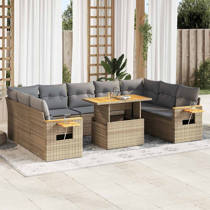 10 Piece Garden Sofa Set with Cushions Beige Poly Rattan Acacia Payday Deals