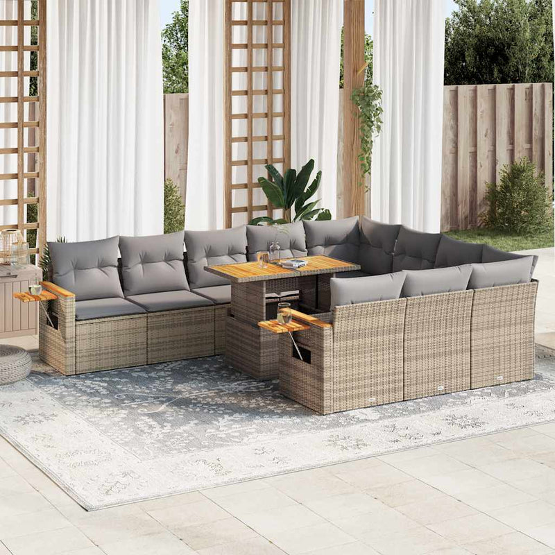 10 Piece Garden Sofa Set with Cushions Beige Poly Rattan Acacia Payday Deals