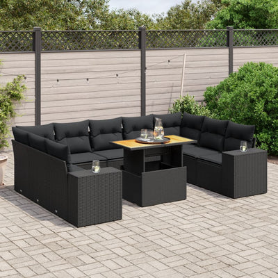 10 Piece Garden Sofa Set with Cushions Black Poly Rattan