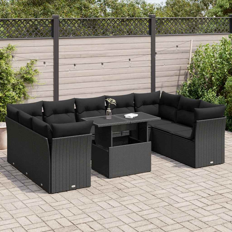 10 Piece Garden Sofa Set with Cushions Black Poly Rattan Payday Deals