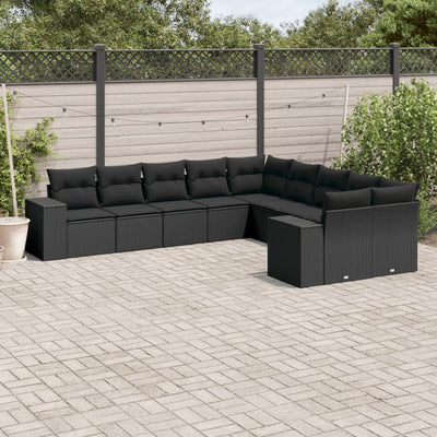 10 Piece Garden Sofa Set with Cushions Black Poly Rattan