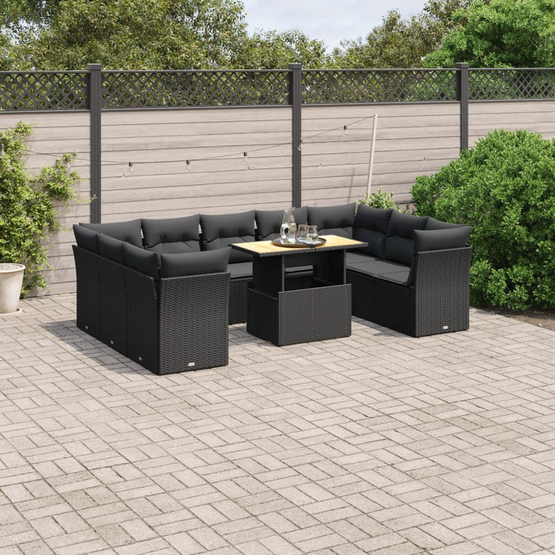 10 Piece Garden Sofa Set with Cushions Black Poly Rattan Payday Deals