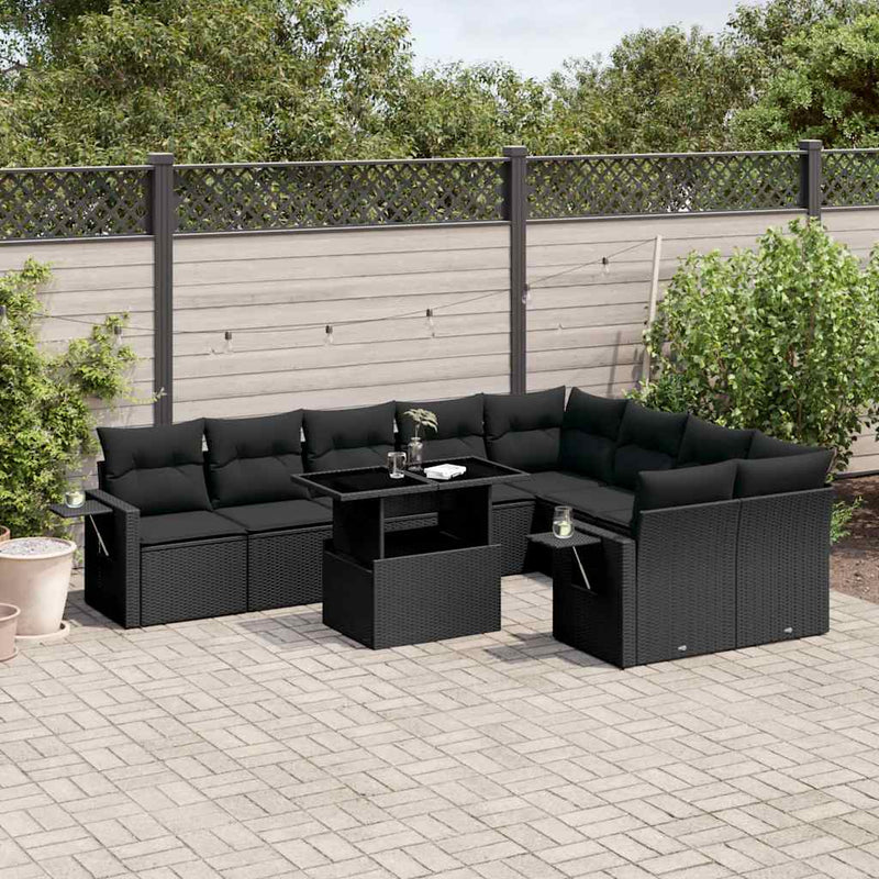 10 Piece Garden Sofa Set with Cushions Black Poly Rattan Payday Deals