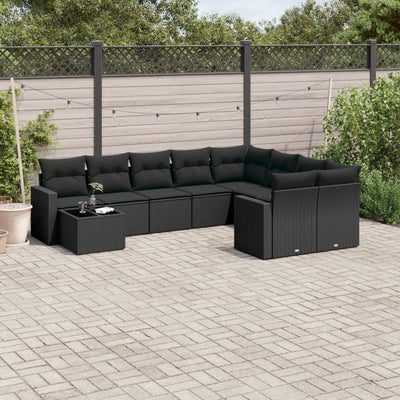 10 Piece Garden Sofa Set with Cushions Black Poly Rattan