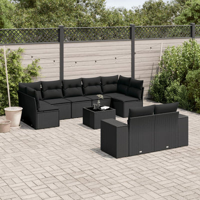 10 Piece Garden Sofa Set with Cushions Black Poly Rattan