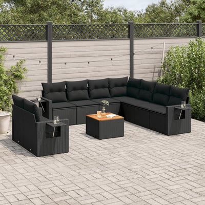 10 Piece Garden Sofa Set with Cushions Black Poly Rattan