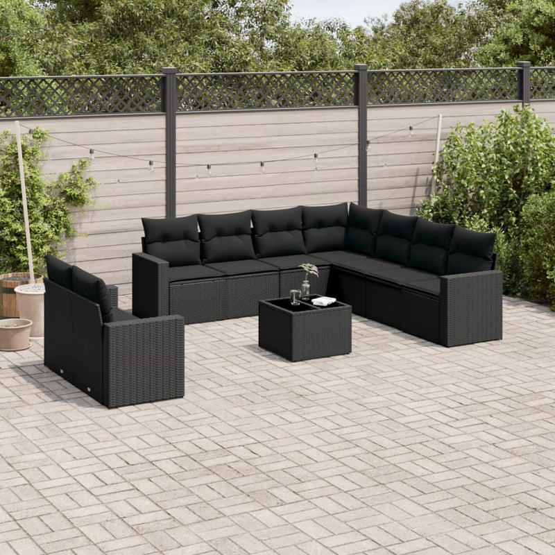 10 Piece Garden Sofa Set with Cushions Black Poly Rattan Payday Deals