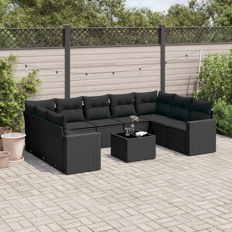 10 Piece Garden Sofa Set with Cushions Black Poly Rattan Payday Deals