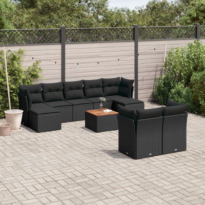 10 Piece Garden Sofa Set with Cushions Black Poly Rattan