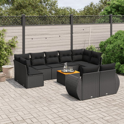 10 Piece Garden Sofa Set with Cushions Black Poly Rattan