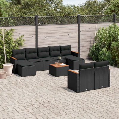 10 Piece Garden Sofa Set with Cushions Black Poly Rattan