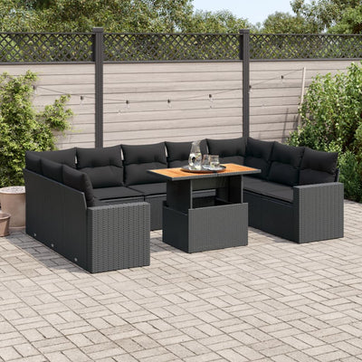 10 Piece Garden Sofa Set with Cushions Black Poly Rattan