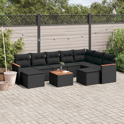 10 Piece Garden Sofa Set with Cushions Black Poly Rattan