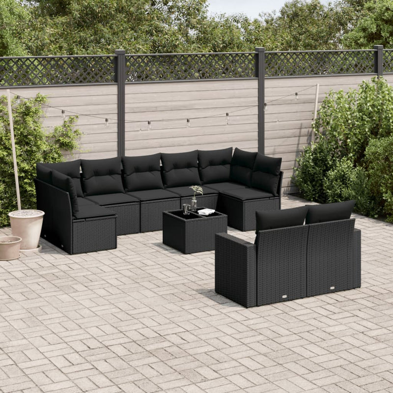 10 Piece Garden Sofa Set with Cushions Black Poly Rattan Payday Deals