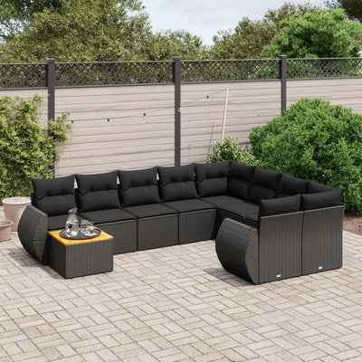 10 Piece Garden Sofa Set with Cushions Black Poly Rattan