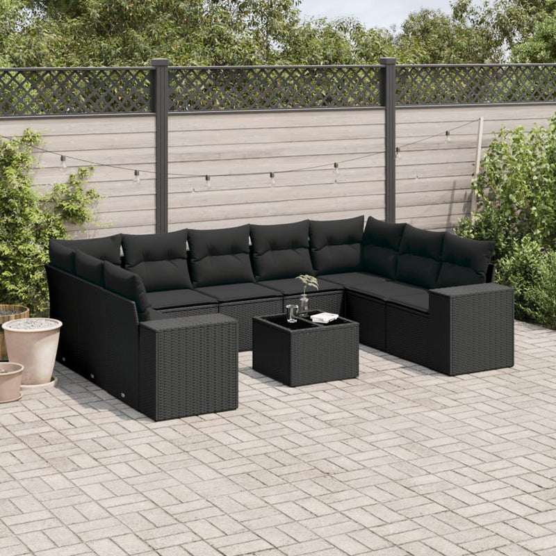 10 Piece Garden Sofa Set with Cushions Black Poly Rattan Payday Deals