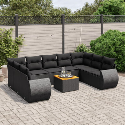 10 Piece Garden Sofa Set with Cushions Black Poly Rattan