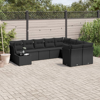 10 Piece Garden Sofa Set with Cushions Black Poly Rattan