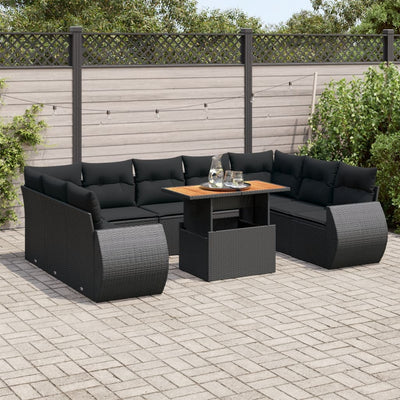 10 Piece Garden Sofa Set with Cushions Black Poly Rattan