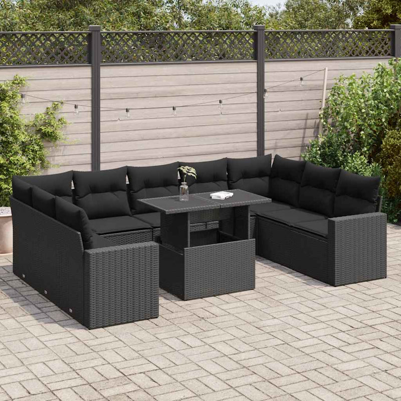 10 Piece Garden Sofa Set with Cushions Black Poly Rattan Payday Deals