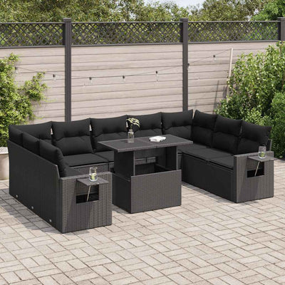 10 Piece Garden Sofa Set with Cushions Black Poly Rattan