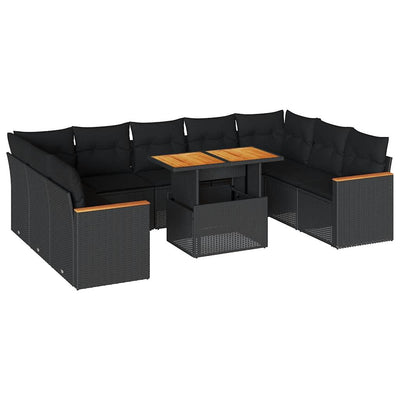 10 Piece Garden Sofa Set with Cushions Black Poly Rattan Acacia Payday Deals