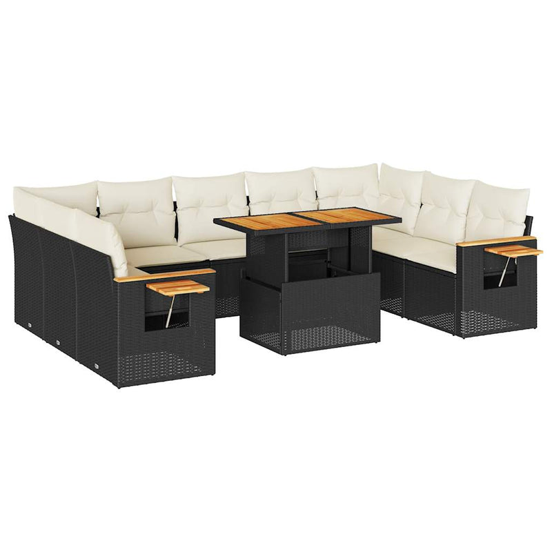 10 Piece Garden Sofa Set with Cushions Black Poly Rattan Acacia Payday Deals