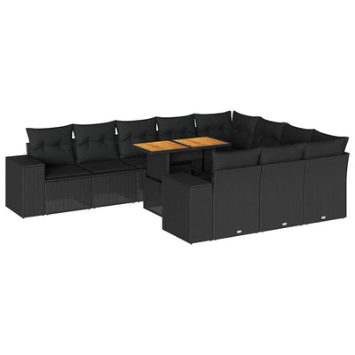 10 Piece Garden Sofa Set with Cushions Black Poly Rattan Acacia Payday Deals