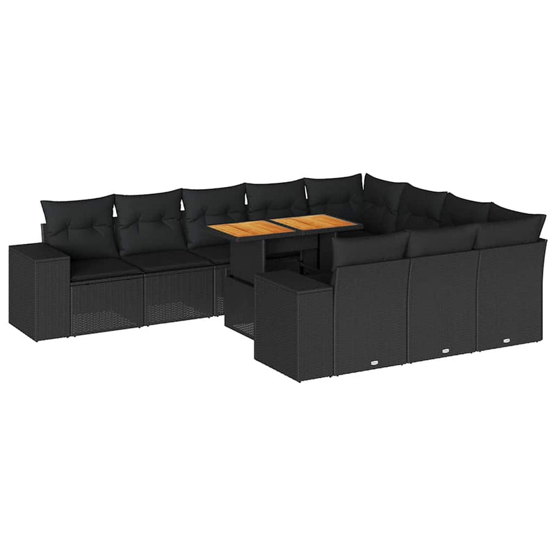 10 Piece Garden Sofa Set with Cushions Black Poly Rattan Acacia Payday Deals