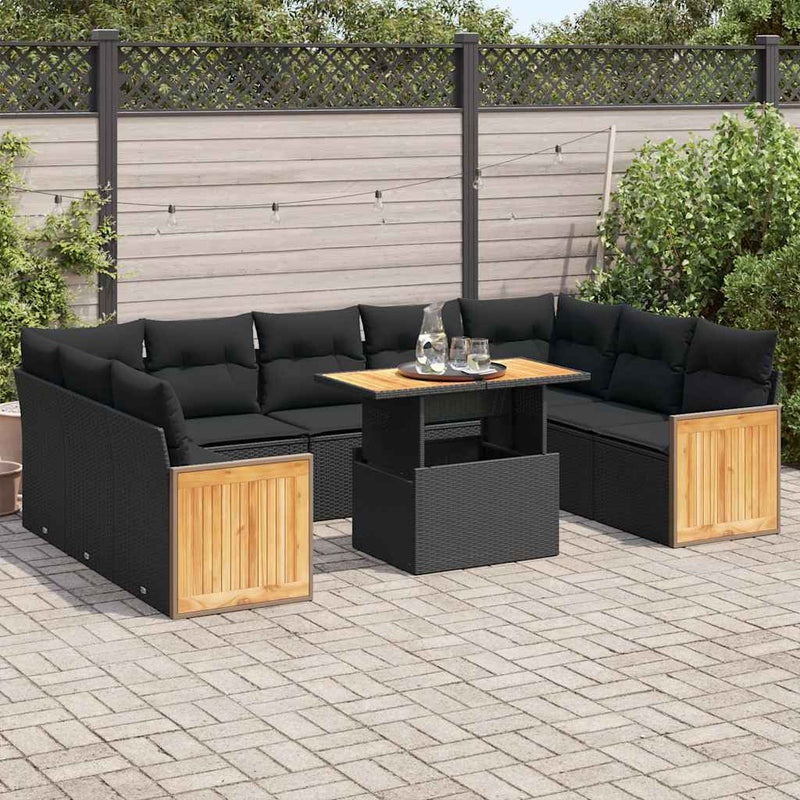 10 Piece Garden Sofa Set with Cushions Black Poly Rattan Acacia Payday Deals