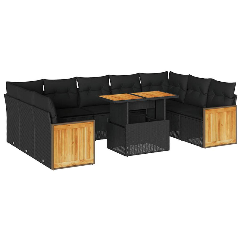 10 Piece Garden Sofa Set with Cushions Black Poly Rattan Acacia Payday Deals
