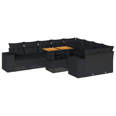 10 Piece Garden Sofa Set with Cushions Black Poly Rattan Acacia Payday Deals