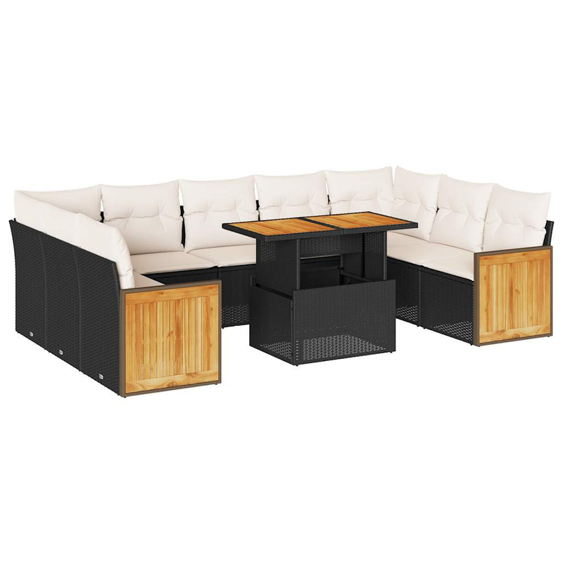 10 Piece Garden Sofa Set with Cushions Black Poly Rattan Acacia Payday Deals