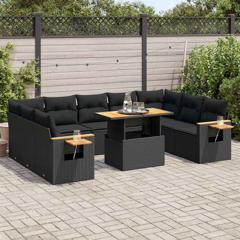 10 Piece Garden Sofa Set with Cushions Black Poly Rattan Acacia Payday Deals