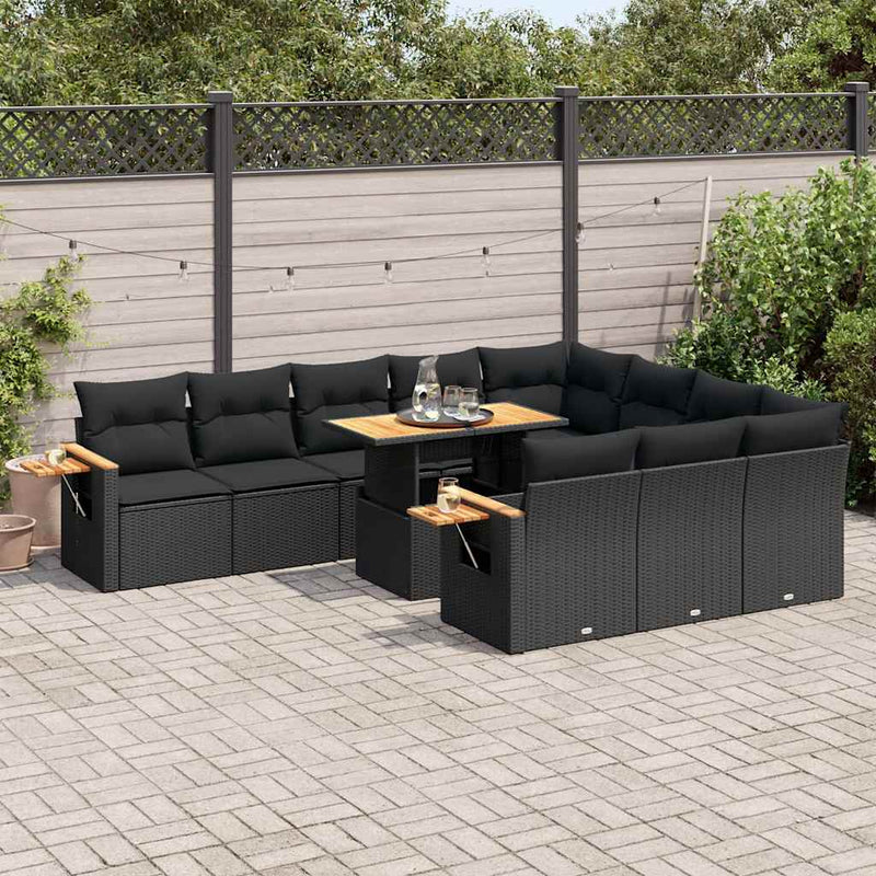 10 Piece Garden Sofa Set with Cushions Black Poly Rattan Acacia Payday Deals