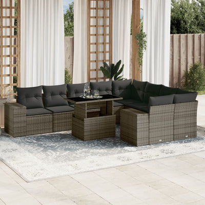 10 Piece Garden Sofa Set with Cushions Grey Poly Rattan