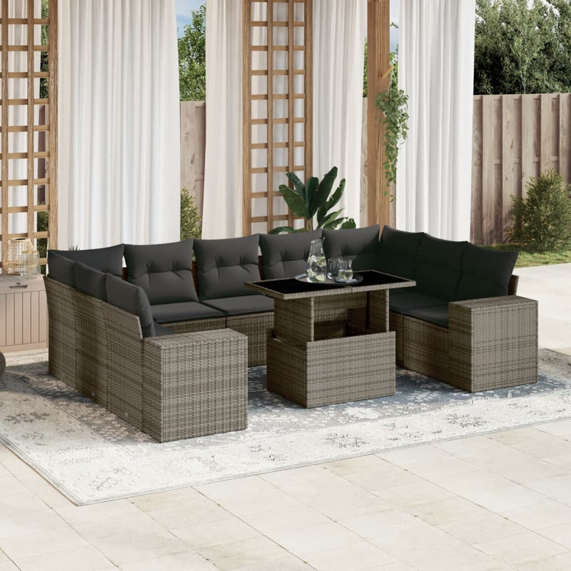 10 Piece Garden Sofa Set with Cushions Grey Poly Rattan Payday Deals