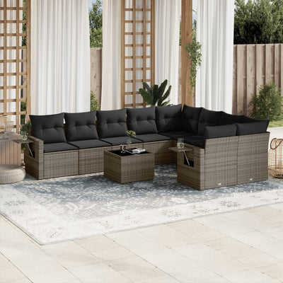 10 Piece Garden Sofa Set with Cushions Grey Poly Rattan