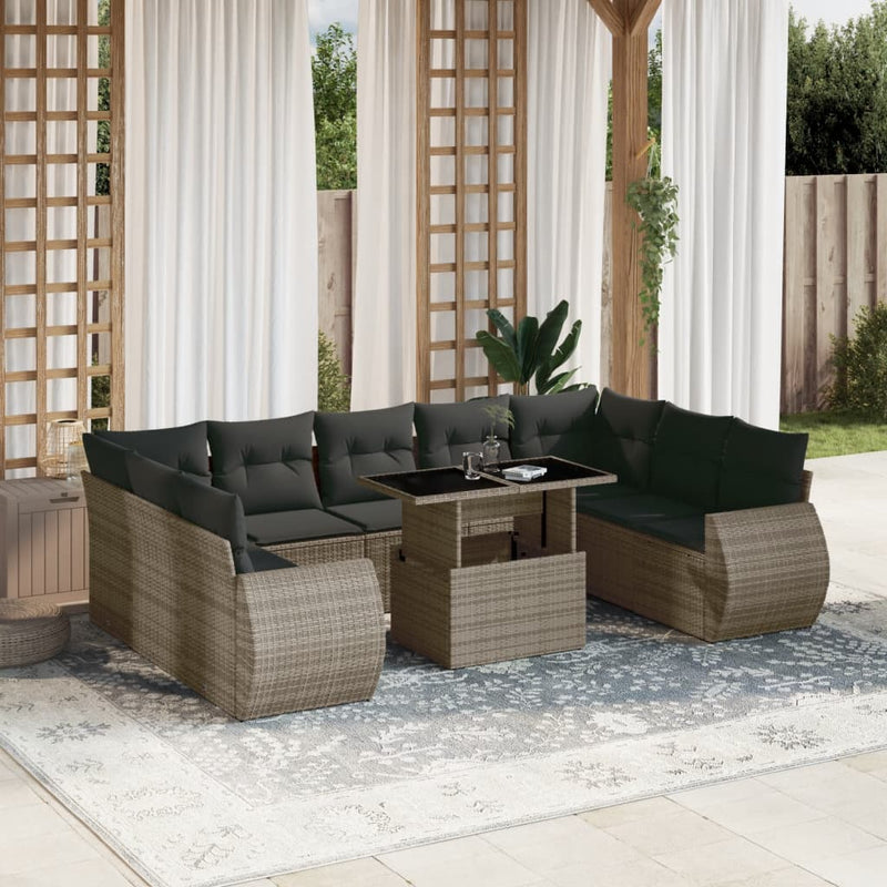 10 Piece Garden Sofa Set with Cushions Grey Poly Rattan Payday Deals