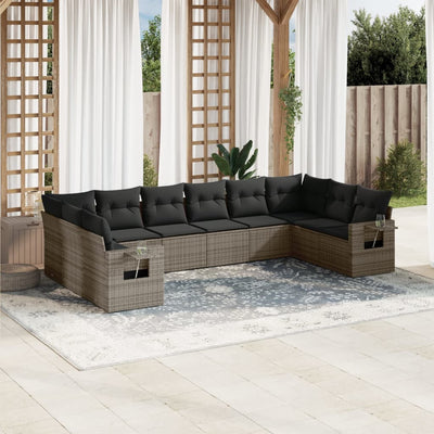 10 Piece Garden Sofa Set with Cushions Grey Poly Rattan