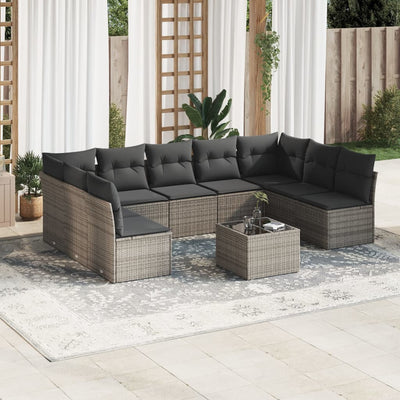 10 Piece Garden Sofa Set with Cushions Grey Poly Rattan