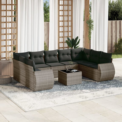 10 Piece Garden Sofa Set with Cushions Grey Poly Rattan