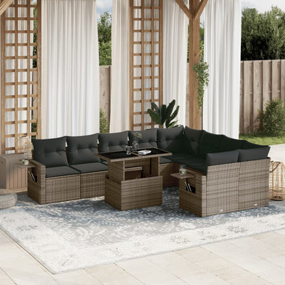 10 Piece Garden Sofa Set with Cushions Grey Poly Rattan