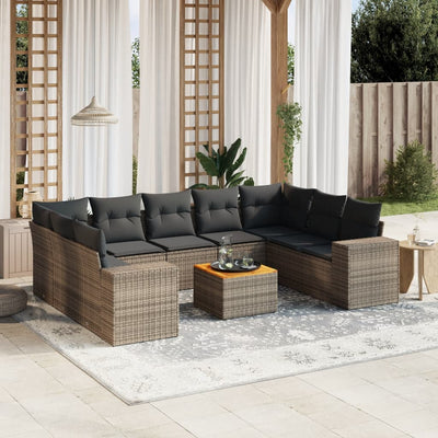 10 Piece Garden Sofa Set with Cushions Grey Poly Rattan