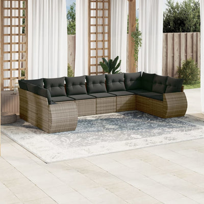 10 Piece Garden Sofa Set with Cushions Grey Poly Rattan