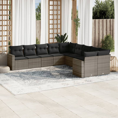 10 Piece Garden Sofa Set with Cushions Grey Poly Rattan