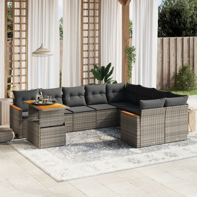 10 Piece Garden Sofa Set with Cushions Grey Poly Rattan