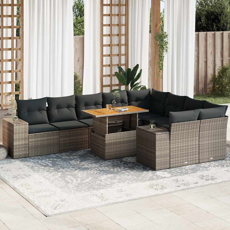 10 Piece Garden Sofa Set with Cushions Grey Poly Rattan Acacia Payday Deals