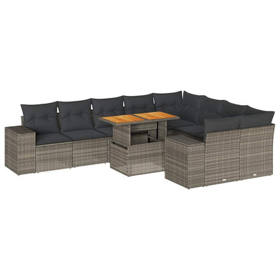 10 Piece Garden Sofa Set with Cushions Grey Poly Rattan Acacia Payday Deals